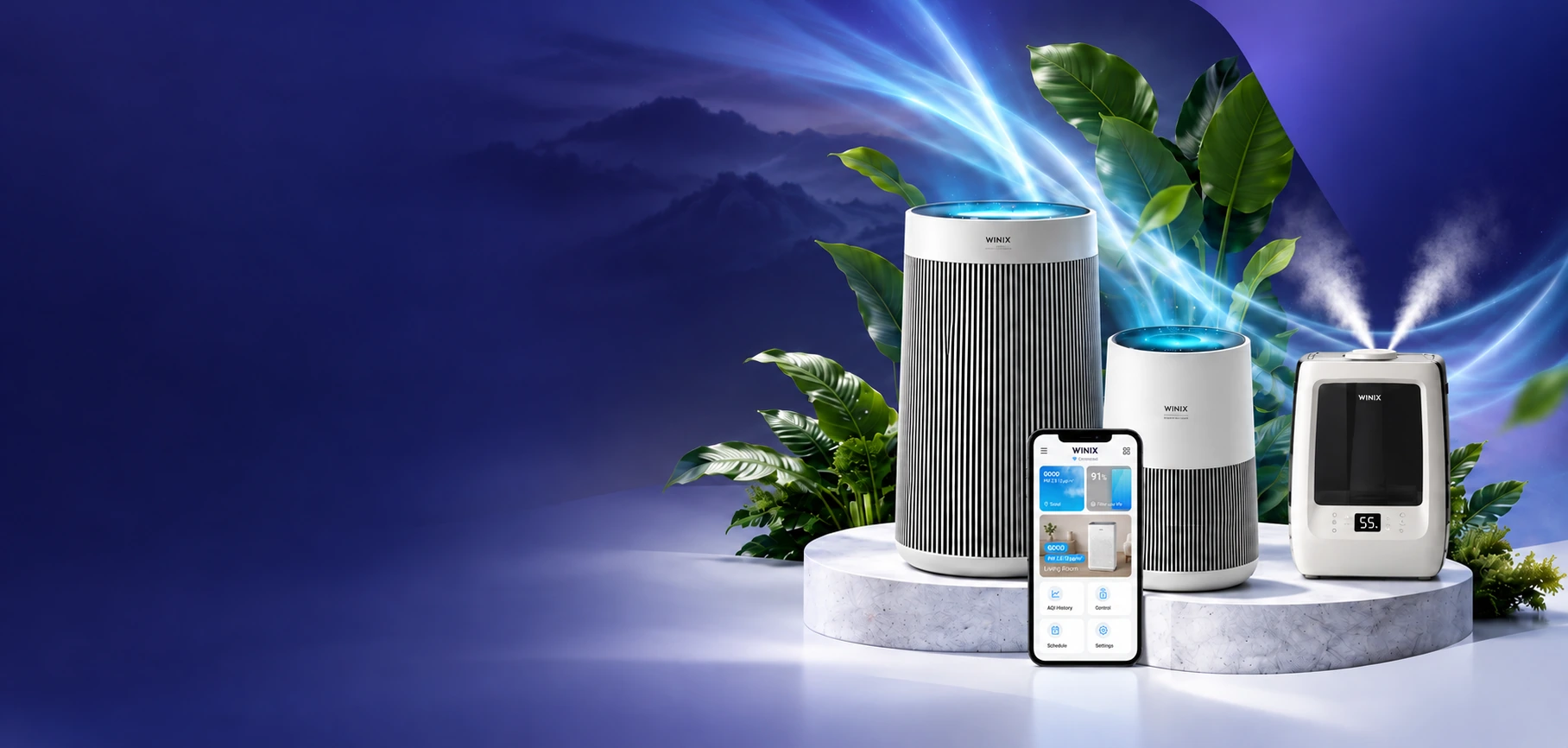 WINIX air purifiers with app control and an L500 humidifier with dual mist outlets